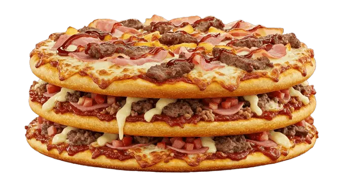 debonairs specialty triple decker topped meaty pizza flavor